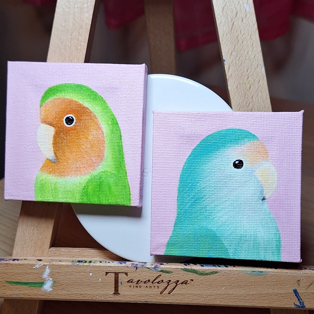 Rosy-faced Lovebirds Hand-painted Canvas Magnets - Set of 2 - Picture 2 of 9
